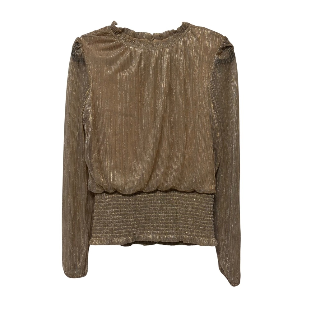 Joie Gold Metallic Plisse Smocked Waist Blouse Long Sleeve Shimmer Top Medium